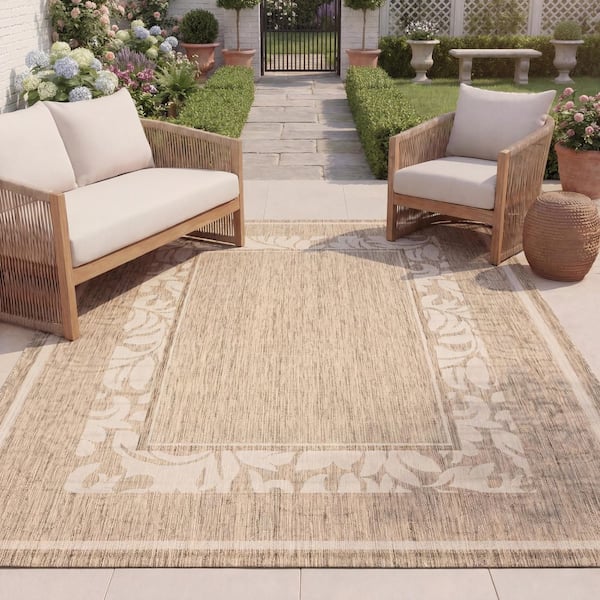 Courtyard Brown/Natural 8 ft. x 11 ft. Border Indoor/Outdoor Patio  Area Rug