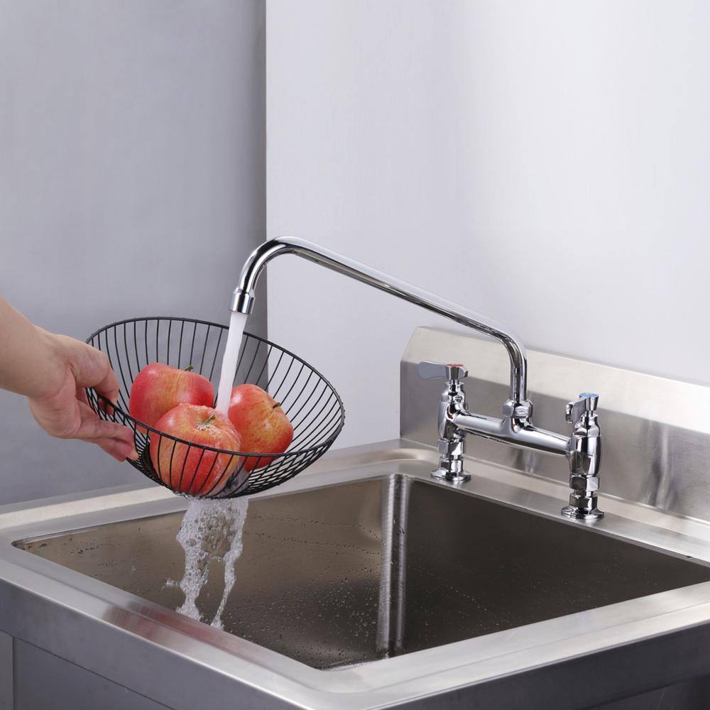 14" Chrome Double Handle Deck Mounted Kitchen Faucet with Swivel Spout
