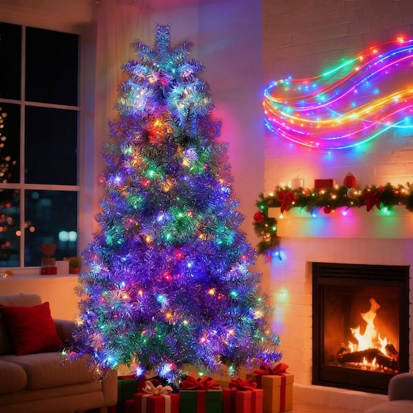 6 ft. Outdoor Holiday Decoration, Pre-Lit Artificial Christmas Tree with Multi-Colored 300 LED Lights