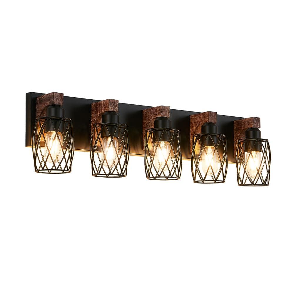 5-Light Black Vanity Light with Cage Metal Shades and Walnut Wood Frame, E26 Bulbs Not Included price history on PriceWatchPro