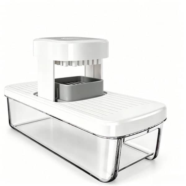 White Plastic 8-in-1 Vertical Mandoline Vegetable Chopper Slicer Dicer with Hand Guard and Storage Container for Kitchen