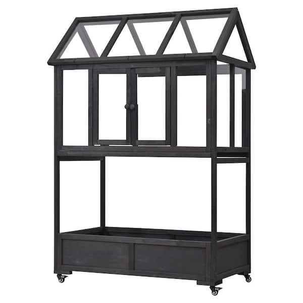 Unbranded Black 24 in. W x 47 in. D x 69 in. H Wood Garden Portable Cold Frame, Mini Wooden Greenhouse with Openable Roof, Wheels