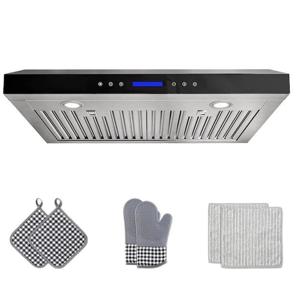 30 in. Under Cabinet Range Hood, 600 CFM Ducted Black Glass, 3 Venting Options, LCD Touch Control, Remote