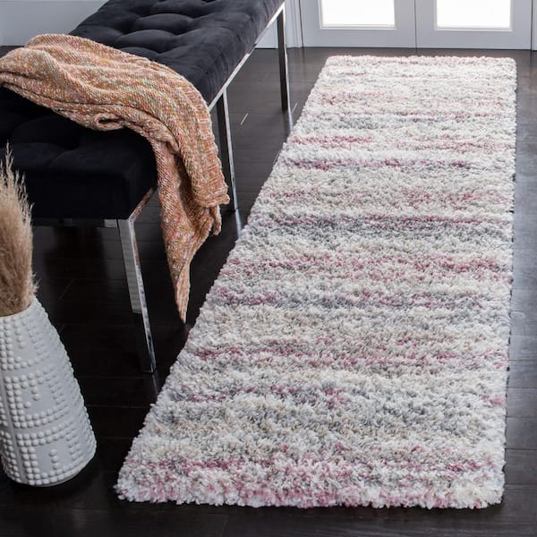 Fontana Shag 2 ft. x 10 ft. Ivory/Pink Striped Abstract Runner Rug