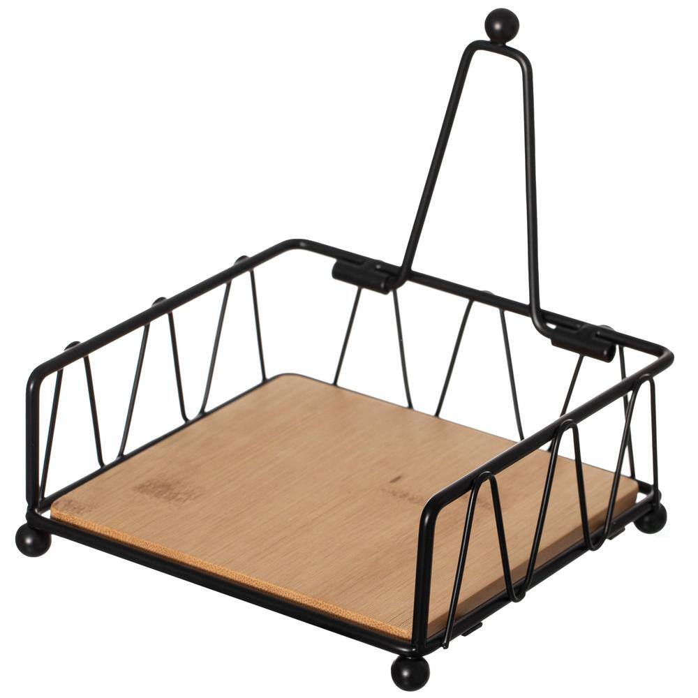 Black Metal Square Napkin Holder with Wooden Base