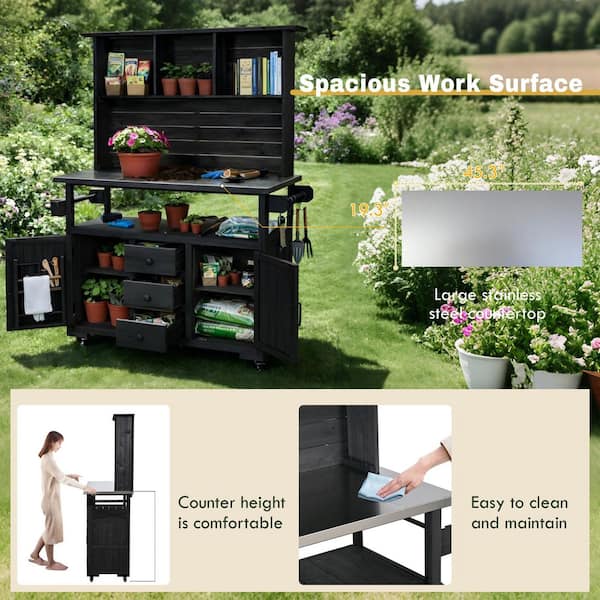 Black Wood 65 in. H 3-in-1 Garden Potting Bench Kitchen Island