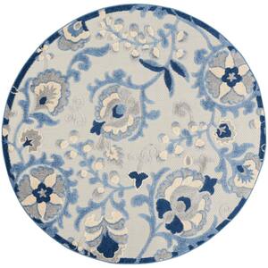 Aloha Blue/Grey 5 ft. Round Floral Contemporary Indoor/Outdoor Area Rug