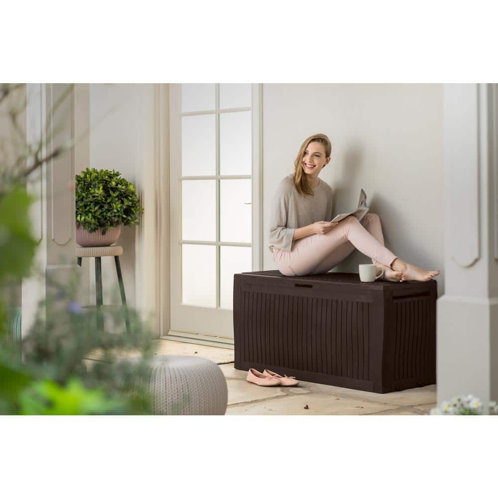 Espresso Brown Lockable Plastic Wicker Deck Box with Wheels