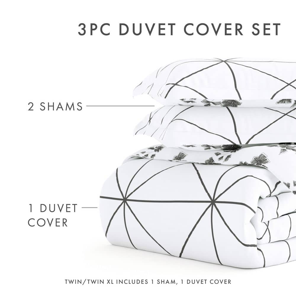 Gray and White Geometric Floral Twin/Twin XL Cotton Duvet Cover Set