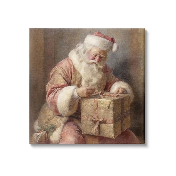 Stupell Industries Vintage Santa Wrapping Gift byRiley B 1-Piece Unframed Graphic Print People Poster Art Print 24 in. x 24 in.
