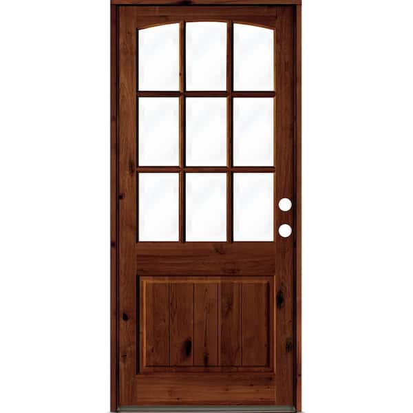 Krosswood Doors 32 in. x 96 in. Knotty Alder Left-Hand/Inswing 9-Lite Arch Top Clear Glass Red Chestnut Stain Wood Prehung Front Door