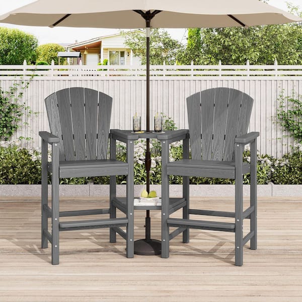 Gray HDPE Outdoor Weather-Resistant Bistro Set Bar Stool with Double-Layer Tray and Umbrella Hole (2-Pack)