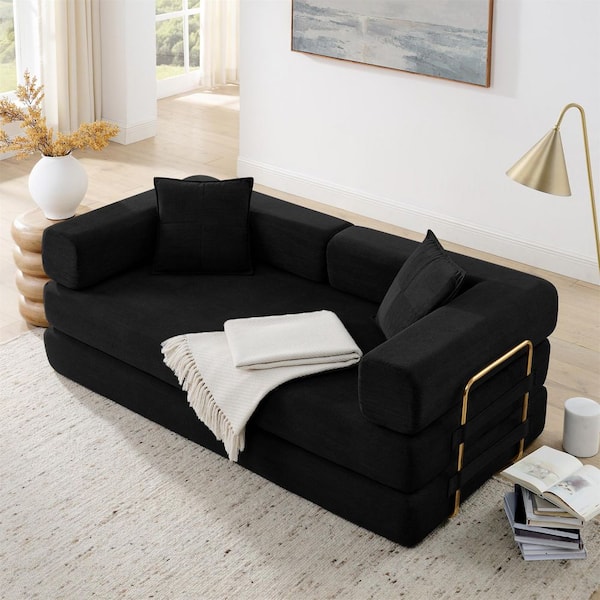 Asucoora 78 in. Black Corduroy King Size Convertible Sleeper