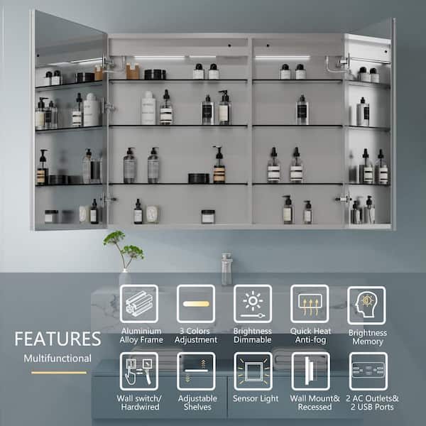 36 in. W x 32 in. H Rectangular Silver Aluminum Recessed/Surface Mount Medicine Cabinet with Mirror, LED and Clock