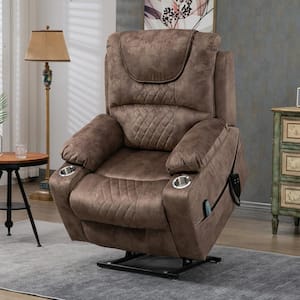 Oversized 180° Lying Flat Brown Velvet Electric Recliner Chair Elderly Power Lift Chair with Massage and Heating