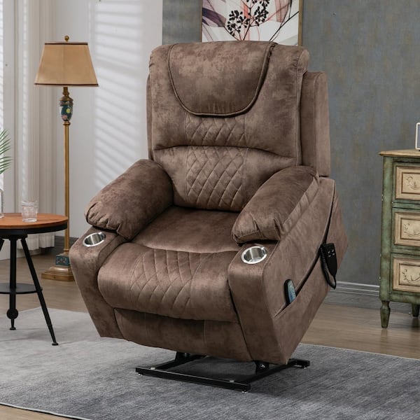 YOFE Oversized 180° Lying Flat Brown Velvet Electric Recliner Chair Elderly Power Lift Chair with Massage and Heating