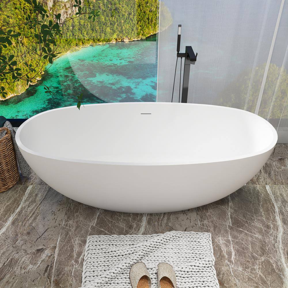 65" Matte White Stone Resin Freestanding Soaking Bathtub