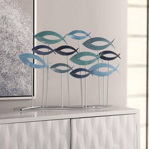 Ocean School Metal Silver, Teal, Light Blue, Dark Blue Table Top Abstract Sculpture Of Fish in Shades Of Blue
