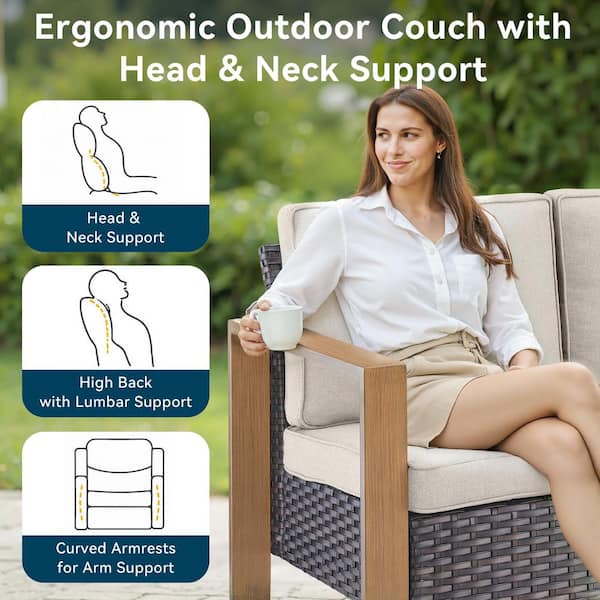 Kove Brown 3-Piece Wicker Outdoor Seactional Set Patio Couch with Matching Ottmans and Beige Cushions for Backyard