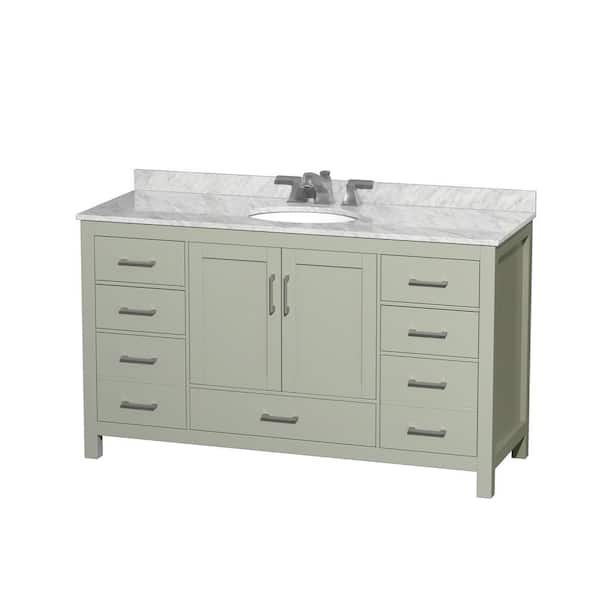 Wyndham Collection Sheffield 60 in. W x 22 in. D x 35 in . H Single Bath Vanity in Light Green with White Carrara Marble Top