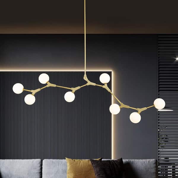 HUOKU CEDER 8-Light 59.84 in. W Brass Chandelier with Opal Glass Long Large Linear Branch Chandelier for Kitchen