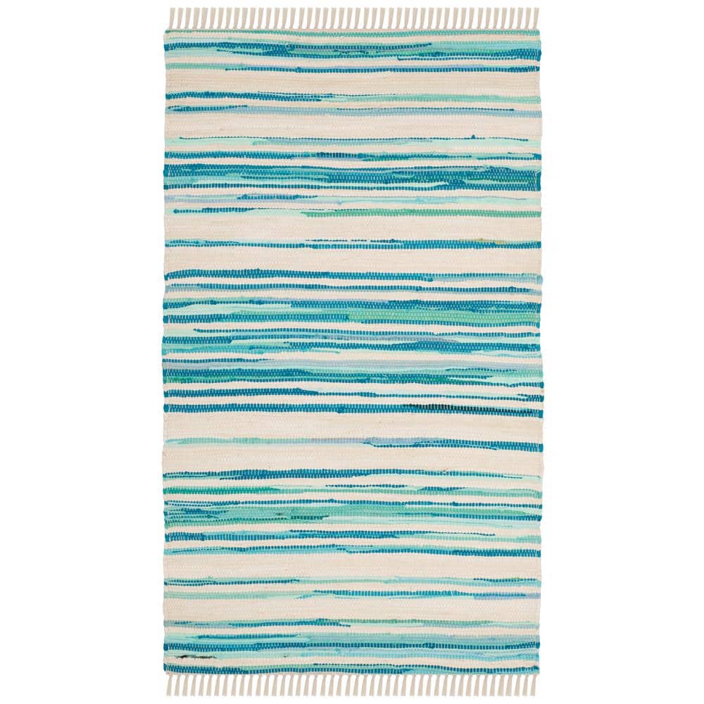 Ivory and Green Handwoven Wool Cotton Striped Area Rug 2' x 3'