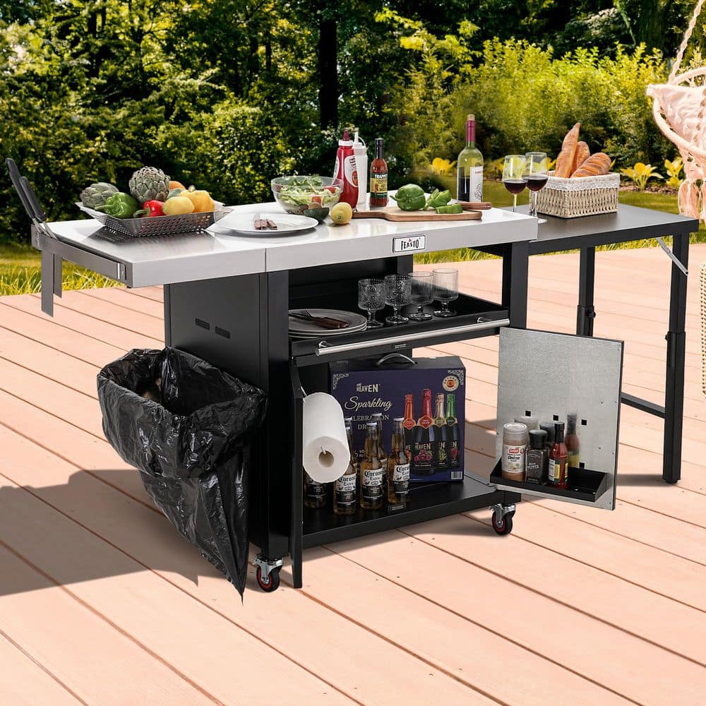 Black Stainless Steel Outdoor Kitchen Cart with Foldable Side Tables