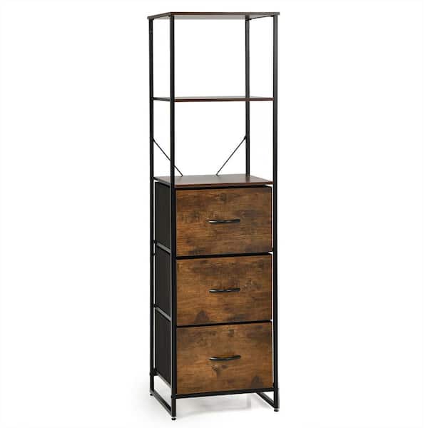 Costway Vertical Rustic Brown 3-Drawer Dresser w/3 Shelves Tall Storage Tower Chest Freestanding