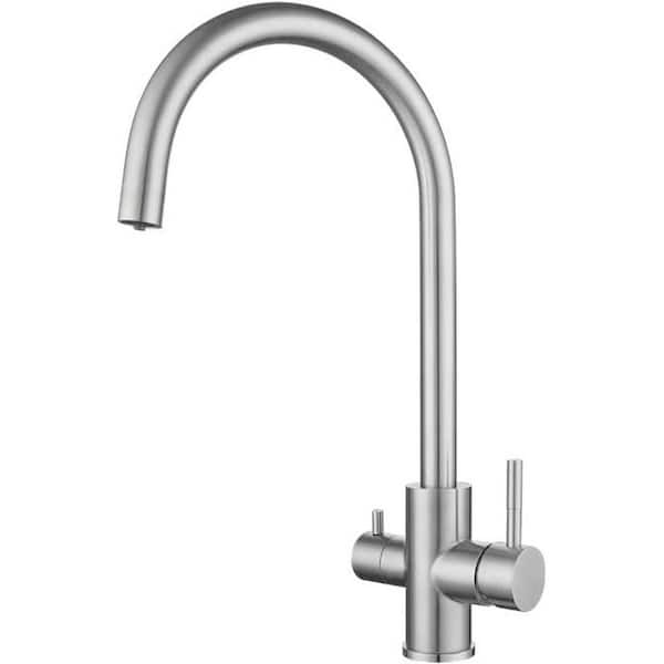 15 in. H Dual Handle Deck Mount Dual Spout Standard Kitchen Faucet with Water Purification in Brushed Nickel