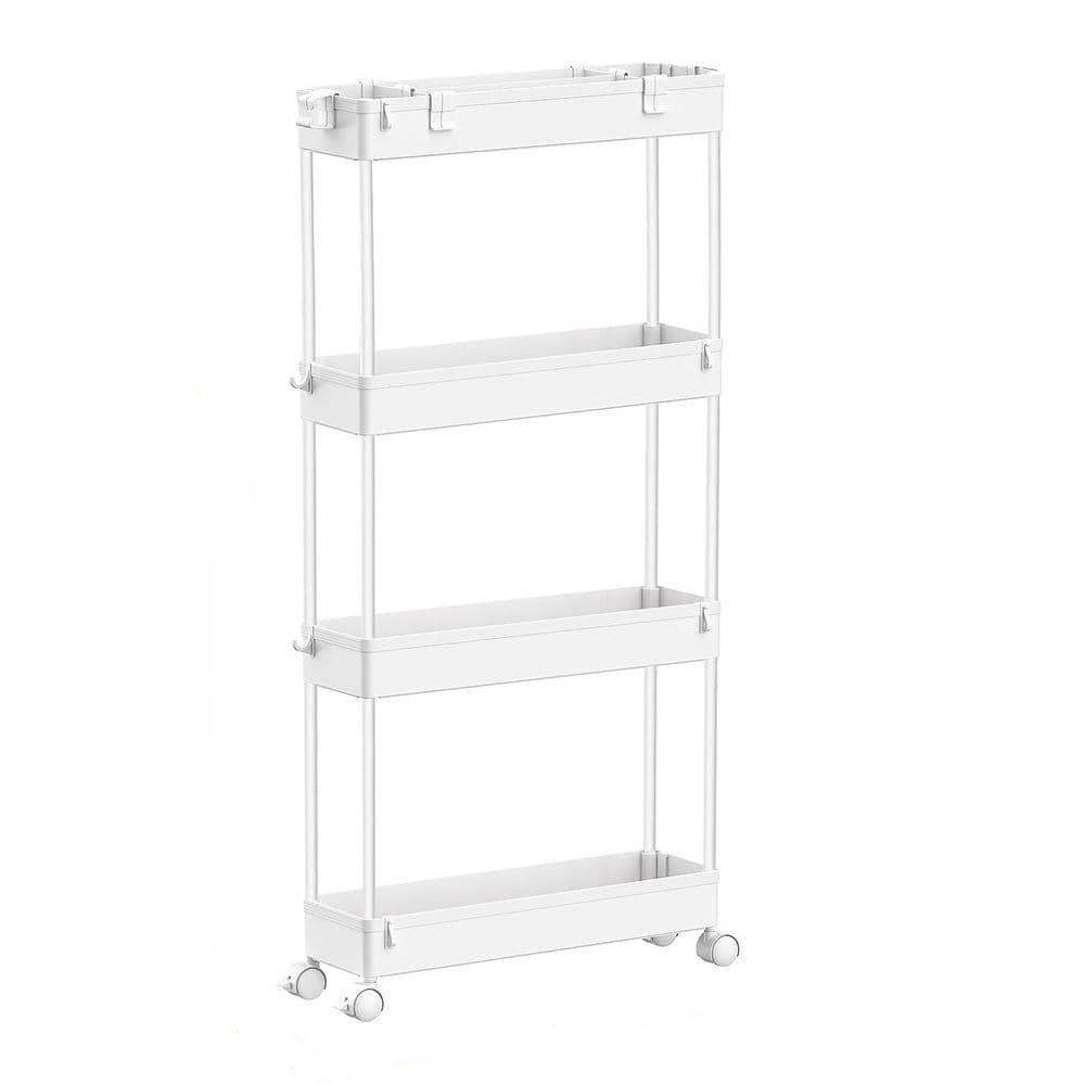 Anqtovp 4-Tiers Kitchen Cart Slim Storage with 360° Rotating Wheels in White