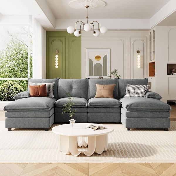 anpport Modern 115.4 in. Pillow Top Arm 4-Piece U-Shaped Chenille Sectional Sofa in Gray with Adjustable Armrest Pillows