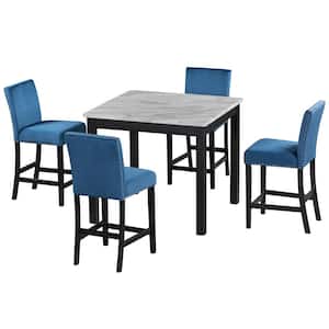 5-Piece Square Faux Marble Wood Tabletop Counter Height Dining Table Set with 4 Upholstered Chairs in Blue (Seats 4)