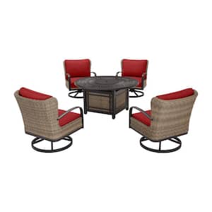 Hazelhurst 5-Piece Brown Wicker Outdoor Patio Fire Pit Seating Set with CushionGuard Chili Red Cushions