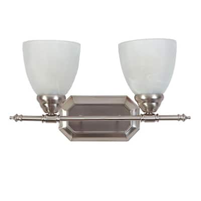 16 in. 2-Light Brushed Nickel Vanity Light with White Alabaster Glass Shades