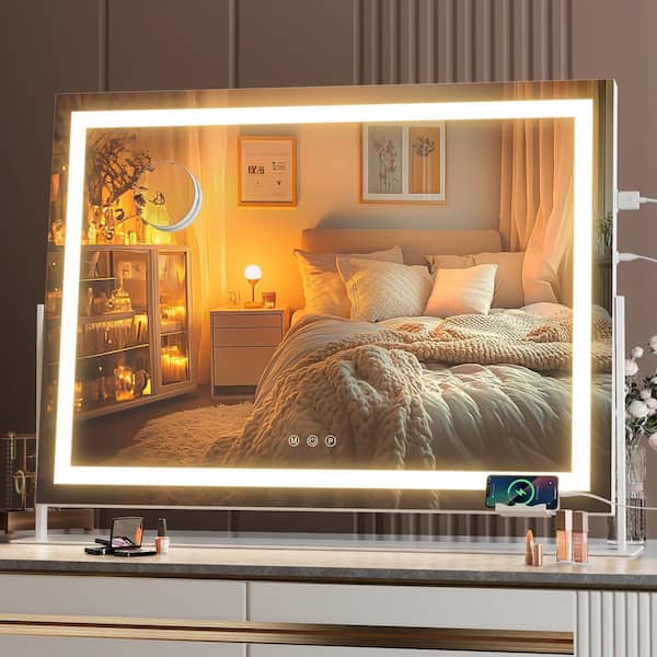 28 in. W x 20 in. H Rectangle White LED Makeup Mirror Vanity Mirror with 10X Magnification and Phone Holder