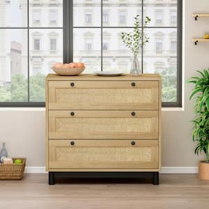 30.31 in. Rope Woven 3-Drawers Storage Dresser Accent Cabinet for Bedroom,Living Room,Dining Room,Hallways,Oak