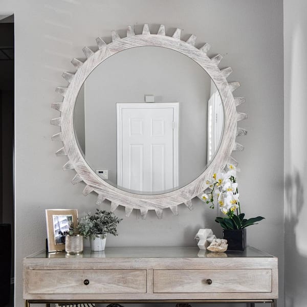 34 in. W x 34 in. H Round Framed Floating Bathroom Vanity Mirror in Antiqued White Solid Wood