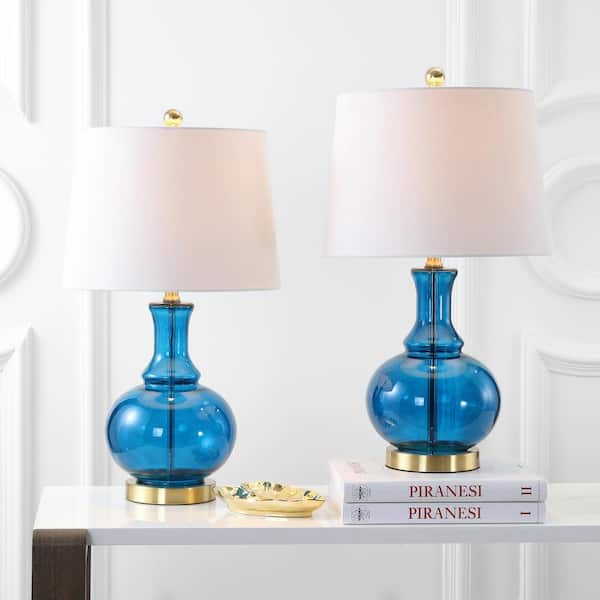 JONATHAN Y Lavelle 25 in. Cobalt Blue/Brass Gold Glass Table Lamp (Set of 2)