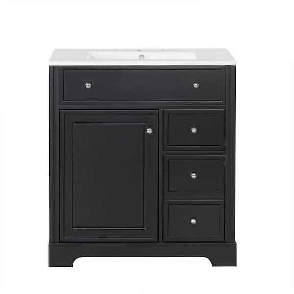 EPOWP 30 in. W x 18.3 in. D x 34 in. H Single Sink Freestanding Bath Vanity in Black with White Ceramic Top and Storage