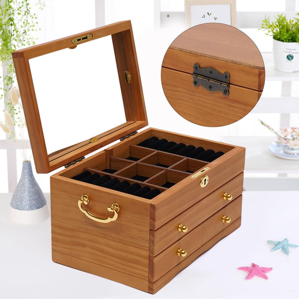Yiyibyus 3 Layers Retro Wooden Jewelry Box with Mirror and Lock, Wood Color