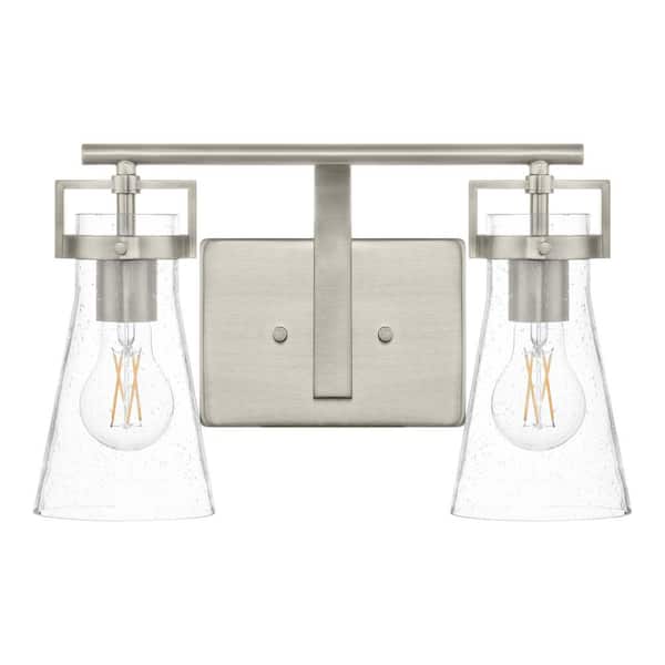 Home Decorators Collection Clermont 14.75 in. 2-Light Brushed Nickel Bathroom Vanity Light with Seeded Glass Shades