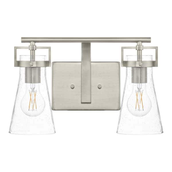 Clermont 14.75 in. 2-Light Brushed Nickel Bathroom Vanity Light with Seeded Glass Shades