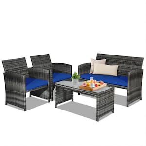 Mixed Grey 4-Piece Wicker Patio Conversation Set with Navy Blue Cushions