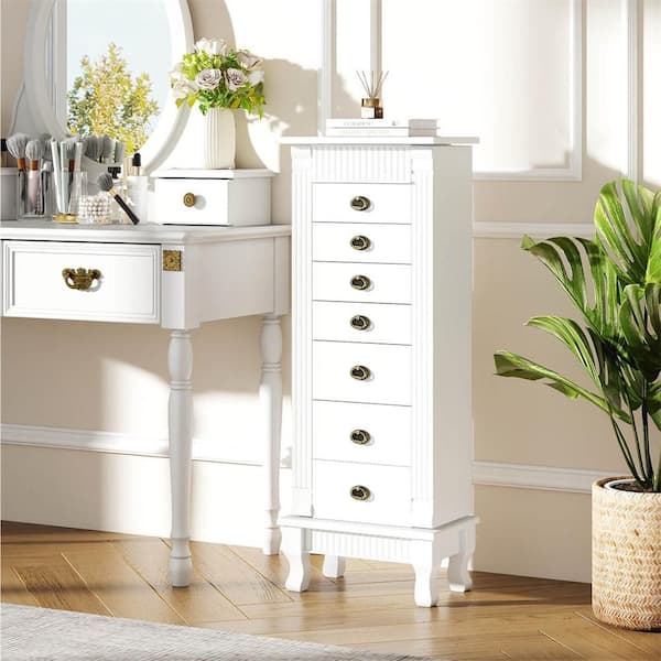 White Wood Free Standing 15 in. W Jewelry Armoire Box with Necklace Hooks, Storage Chest Stand Organizer Christmas