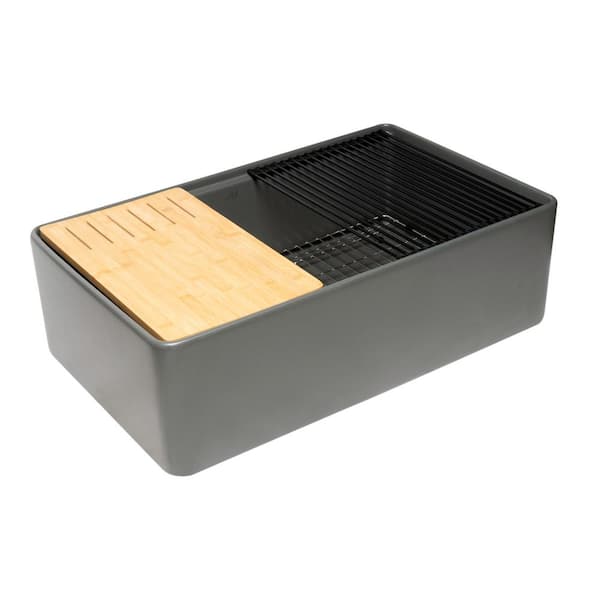 Step-Rim Gray Matte Fireclay 33 in. Single Bowl Farmhouse Apron Front Workstation Kitchen Sink with Accessories