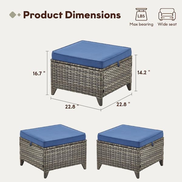 TidyFoot Metal and Gray Wicker Outdoor Ottoman with Olefin Navy Blue Family Cushion (2-Pack)