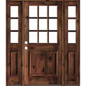 64 in. x 80 in. Rustic Knotty Alder Clear 9-Lite Red Mahogony Stain Wood Right Hand Single Prehung Front Door/Sidelites