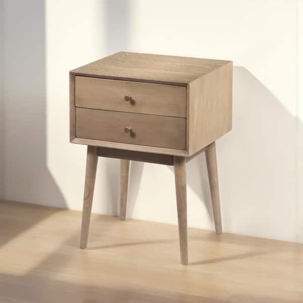 THE URBAN PORT Nali Washed Ash White 2 Drawers 17.8 in. W Bedside Mango Wood Nightstand Table