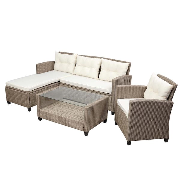 Sireck Brown 4-Piece Wicker Outdoor Sectional Set with Beige Cushions