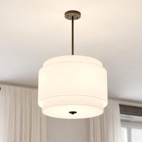 VAXCEL Burnaby 4-Light Black Drum Pendant Light with Mid-Century Modern Fixture White Linen Fabric Shade